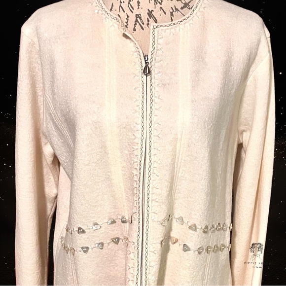 Nygard Collection Sparkling Embellished Full Zip Boiled Wool Cream Cardigan L - Picture 3 of 11